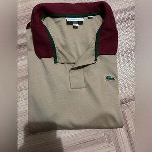 Lacoste Men's Beige Polo with Maroon and Green Accents